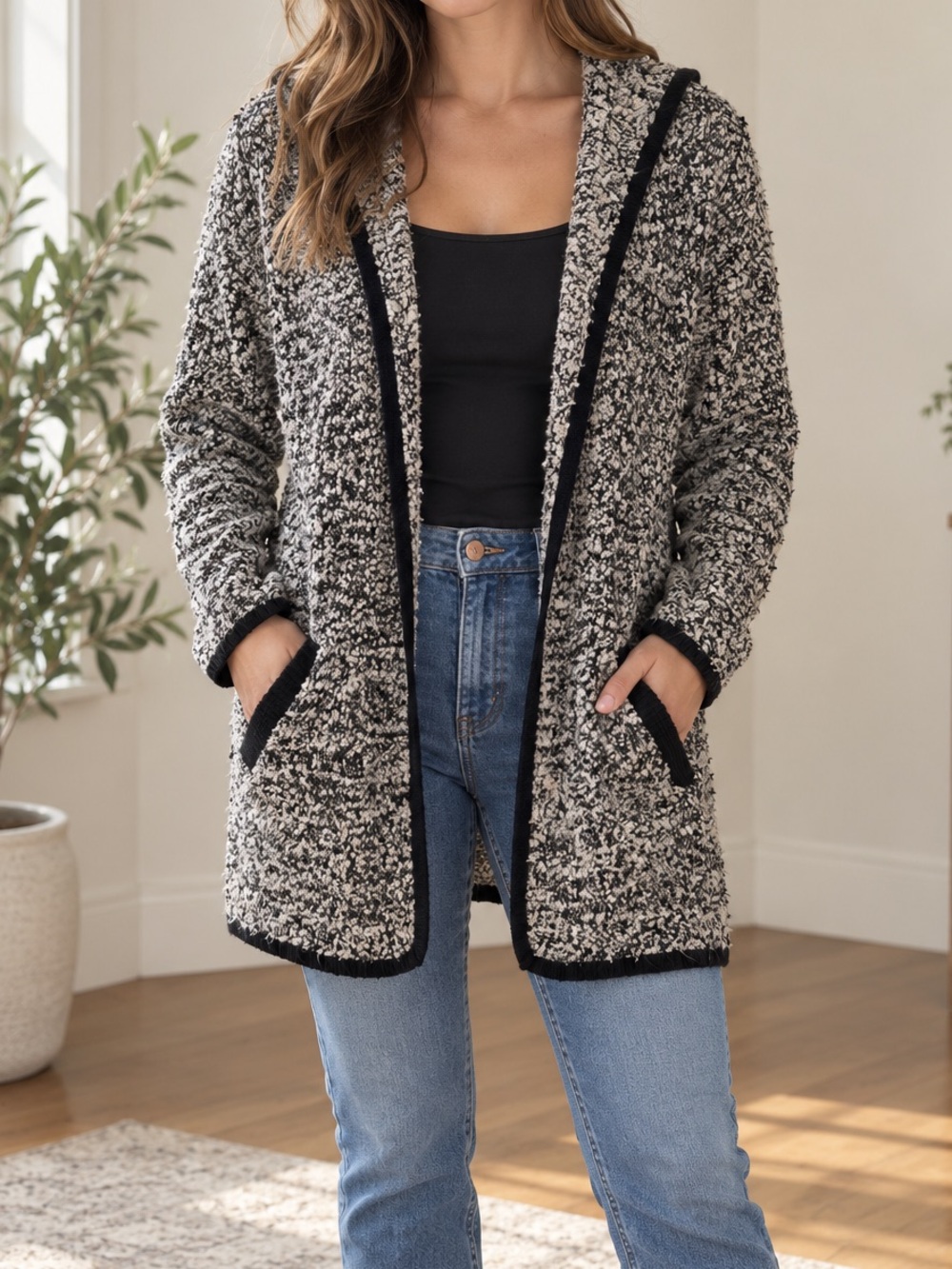 Forever 21 Marled Black & White Hooded Cardigan